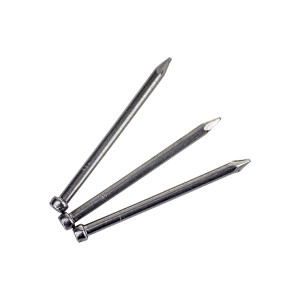 Three silver metal nails are arranged on a white background, each with a flat head and pointed tip, positioned so that they radiate outward and overlap slightly.