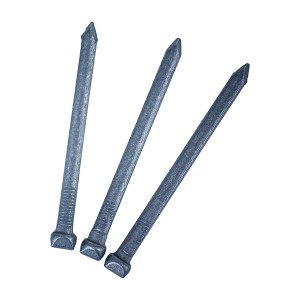 Three large, flat-head, metal nails with square shanks and pointed tips, arranged parallel and slightly angled on a white background.