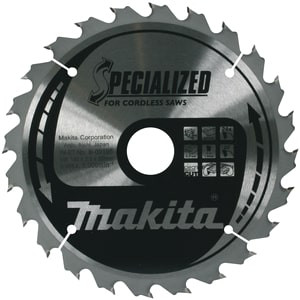A circular saw blade labeled Makita Specialized for Cordless Saws with sharp teeth around the edge and various specifications and icons printed on its metallic surface.,