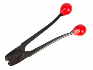 A pair of black metal bolt cutters with red, rounded plastic handles, shown on a white background.