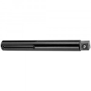 A black metal tool holder with a cylindrical body, a side groove, and a square end with a fastening screw, designed for holding cutting tools in machining operations.