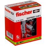 A red and green box of Fischer DUOPOWER wall plugs, size 12x60 S, containing 10 pieces. The packaging shows plugs and screws with product information and branding in white and red text.