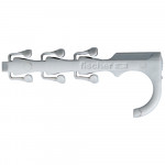 A white plastic wall plug with multiple expandable prongs, a curved hook at one end, and the word fischer embossed on the side.