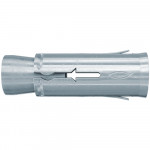 A close-up of a silver metal wall anchor with a split and arrow-shaped cutout in the center, designed for securing screws in drywall or masonry.