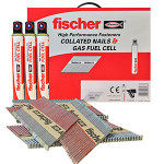 A box labeled fischer High Performance Fasteners COLLATED NAILS & GAS FUEL CELL alongside three gas fuel cells and stacks of collated nails, displayed on a white background.