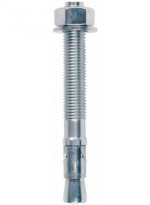 A metal anchor bolt with a threaded shaft, hex nut, and washer, featuring an expansion sleeve near the bottom for securing into concrete or masonry surfaces.