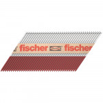 A strip of collated nails held together by a paper strip labeled fischer. The nails are angled, with pointed tips and red-coated lower halves for use in a nail gun.
