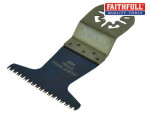 Oscillating multitool blade with serrated edge, labeled Faithfull Quality Tools and BIM WP600 65mm 2-9/16. The blade is dark metal with a silver mounting end.