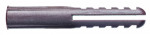 A close-up of a gray plastic wall plug, used for anchoring screws in masonry or drywall, with ribbed sides and a split end.