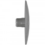 Side view of a gray plastic fastener with a round flat head and a short cylindrical stem. The surface of the head appears textured with a geometric pattern.,