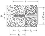 Technical diagram showing a cross-section of a wall with a bolt or anchor installed, labeled with dimensions including diameter (d0), total length (l), embedment depth (hef), thickness (tfix), and wall diameter (50 mm).