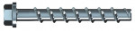 A shiny metal hex head screw with a wide, deep spiral thread along its shaft, commonly used for fastening materials. The background is white.