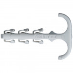 White plastic wall plug with four expanding prongs and a curved T-shaped handle, branded with the word fischer, viewed from above on a white background.
