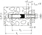 Technical drawing of a mechanical fastener anchored in a rough, textured material. Dimensions and labels such as M, d₀, h₁, h_ef, I_E,max, I_E,min, and U are indicated with arrows and lines.