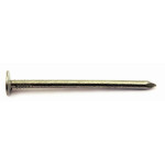 A single metal nail with a flat round head and a pointed tip, lying horizontally on a white background.