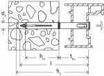 Technical drawing showing a cross-section of an anchor bolt fixing a metal component to a concrete wall, with dimensions labeled for hole diameter, embedment depth, fixture thickness, and anchor length.