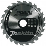 A circular saw blade labeled Makita Specialized for Cordless Saws with sharp teeth around the edge and specifications printed on the metal surface.,