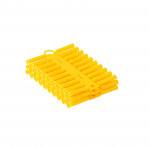 A bundle of yellow plastic hollow wall anchors stacked together and connected by a strip, isolated on a white background.