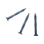 Three metallic masonry nails with flat heads and textured shanks are arranged on a white background.,