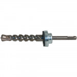 A close-up of a masonry drill bit with a spiral fluted shaft and a metal collar, designed for use with a rotary hammer drill. The tip is shaped for drilling into concrete or brick.