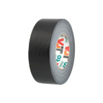A roll of black duct tape with a textured surface, shown standing on its edge against a white background. The inner label features colorful text and graphics.