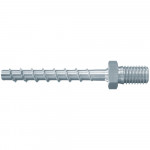 A metal anchor bolt with threads on one end, a hexagonal nut in the middle, and a spiral shank along the body, placed on a white background.