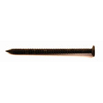 A close-up of a single rusty nail with a flat head and a pointed tip, isolated on a white background.