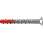 A metal screw anchor with a flat countersunk head and a red plastic expansion sleeve on the left end, designed for securing objects to concrete or masonry surfaces.