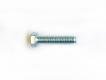 A single metallic hex bolt with a threaded shaft, lying horizontally on a plain white background.