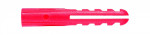 Close-up of a red plastic wall plug (rawlplug) with ridges and a central split, used for securing screws in masonry or drywall.