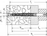 Technical drawing of a wall anchor fixed into concrete, labeled with dimensions including anchor diameter, embedment depth, fixture thickness, and other parameters, with cross-sectional details of the anchor and wall.