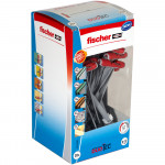 A box of Fischer DUOTEC wall plugs, showing red and gray anchors inside a transparent window, with product information and images of compatible wall materials on the packaging.
