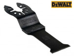 A black DeWALT oscillating multi-tool blade attachment with the DeWALT logo, shown on the blade and in the top-right corner. The blade has a flat cutting edge and multiple attachment holes.