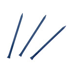 Three blue steel nails are arranged diagonally on a white background, each with a pointed tip and a flat head.