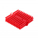 A set of red plastic hair rollers arranged in a neat, rectangular stack, connected by a flexible plastic strip, against a white background.