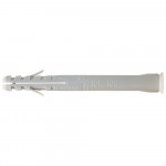 A gray plastic wall plug (rawl plug) with ridges and slots along its body, used for securing screws in masonry or plaster walls.