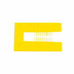 A flat, rectangular yellow plastic tool with an open rectangular cutout and a row of comb-like teeth on one side, placed on a white background.