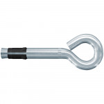 A metal wall anchor bolt with a large, closed hook end and a partially black plastic sleeve on the shaft, commonly used for securing items to walls.