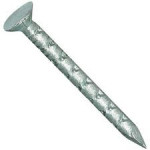 A close-up of a silver metal nail with a flat head and a textured, grooved shaft, positioned diagonally on a white background.