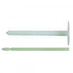 Two plastic wall plugs: one with a wide flat round head and ridged shaft, the other a smooth, thin rod with a rounded tip, both lying horizontally on a white background.
