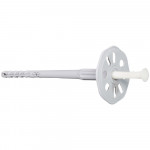 A gray plastic wall plug with a round perforated head and a white center pin, commonly used for securing insulation boards to surfaces.