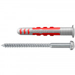 A gray and red wall plug (rawl plug) and a silver metal screw are shown side by side against a white background. The wall plug is branded fischer.,