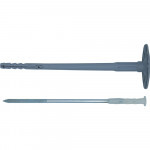 Two wall plugs with washers, one gray and one white, shown side by side. Each consists of a long plastic anchor and a metal screw, used for securing objects to walls.