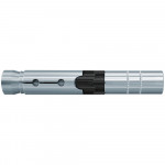 A metallic wall anchor with a cylindrical shape, featuring two small holes and a black expansion section in the middle, designed for securing objects to solid surfaces.