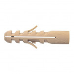 A beige plastic wall plug with ridges and flexible wings, marked with GERMANY and a fish symbol, designed for securing screws in masonry or drywall.