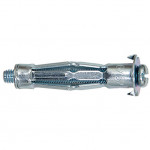 A metal hollow wall anchor with a flared end, threaded screw, and expanding metal body designed for securing objects to plasterboard or drywall.