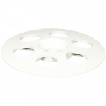 A white, round plastic disc with six evenly spaced circular holes and one hole in the center, viewed at an angle against a plain white background.