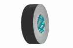 A roll of black duct tape standing upright on a white background, showing the outer black side and the circular inner label.