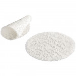 A white, round, perforated sheet is shown flat on a surface, with another similar sheet partially rolled next to it. The sheets have a mesh-like texture with evenly spaced holes.