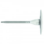 A metal screw with a wide, flat white plastic washer attached near the head, shown in a horizontal position on a white background.
